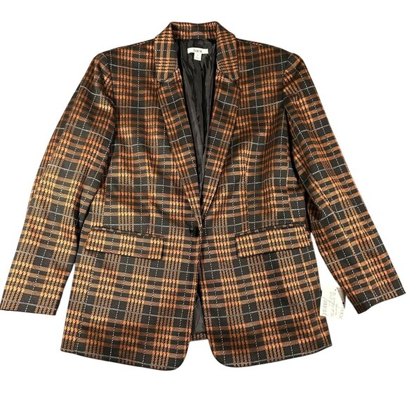 Bar III Womens Small Brown Plaid Notch-Collar Blazer Jacket V-Neck One Button LS - Picture 1 of 12